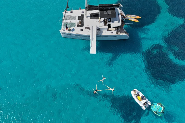 bird´s eye view of a catamaran at sea